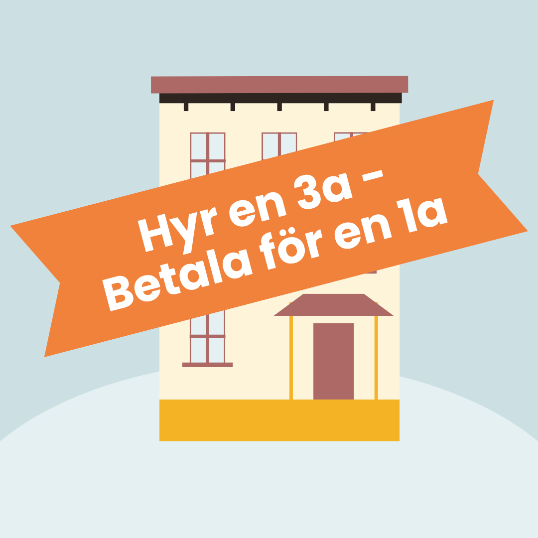 Illustration av hus med erbjudandetext hyr en trea betala för en etta. 