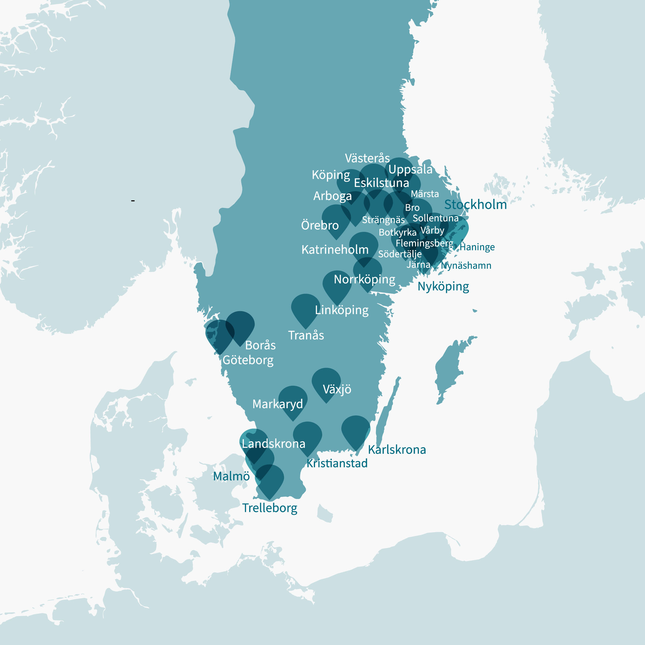 Karta över Sverige med Victoriahems hyreslägenheter markerade 