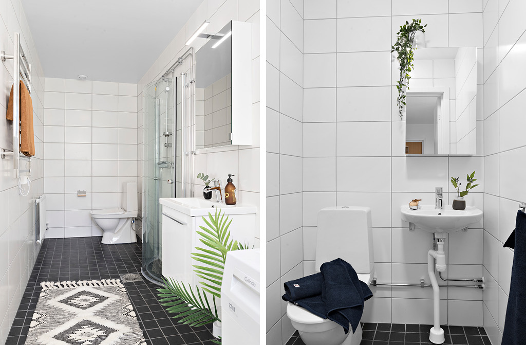 En modern lägenhet med helkaklat och topputrustat badrum med tvättmaskin och torktumlare i Västerås
