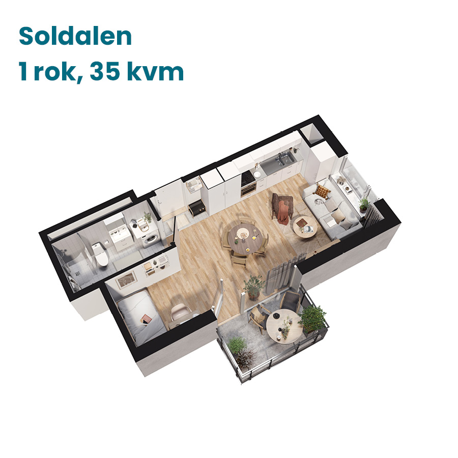 Planlösning för en nybyggd och modern lägenhet som är tillgänglig för uthyrning i Kållered Centrum Mölndal
