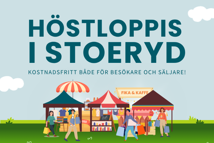 Inbjudan till höstloppis med en illustration över tält och besökare.