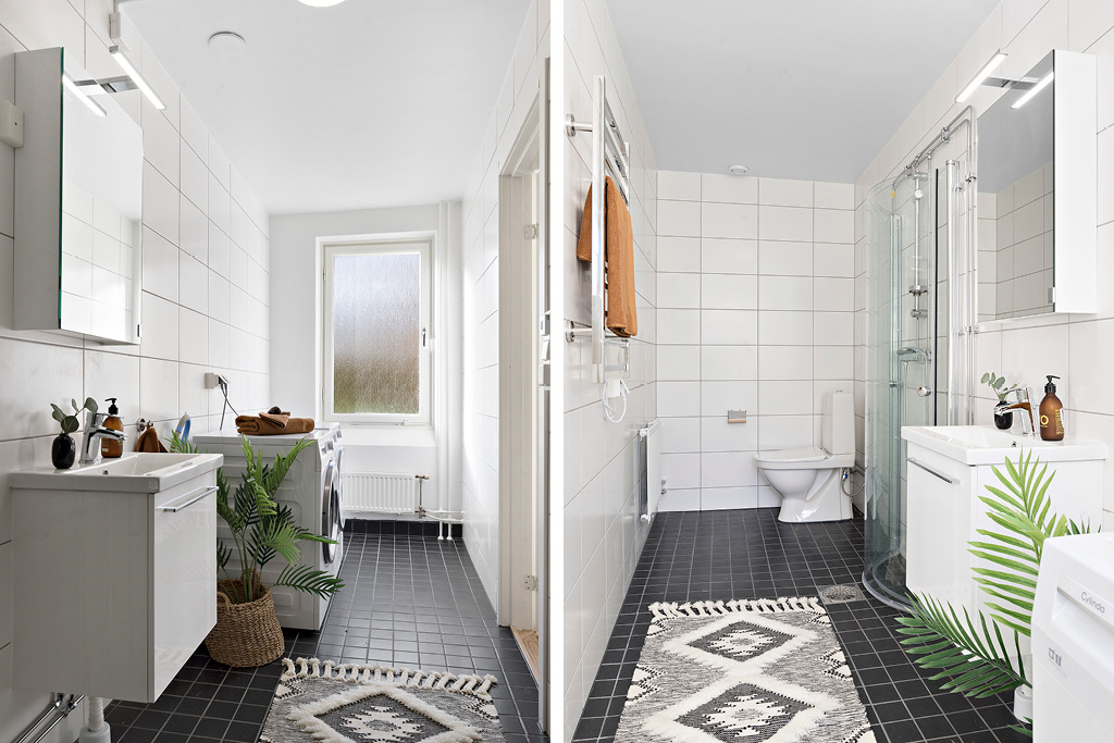 Ett helkaklat badrum tillhörande modern lägenhet med topputrustat kök som är tillgänglig för uthyrning i Katrineholm