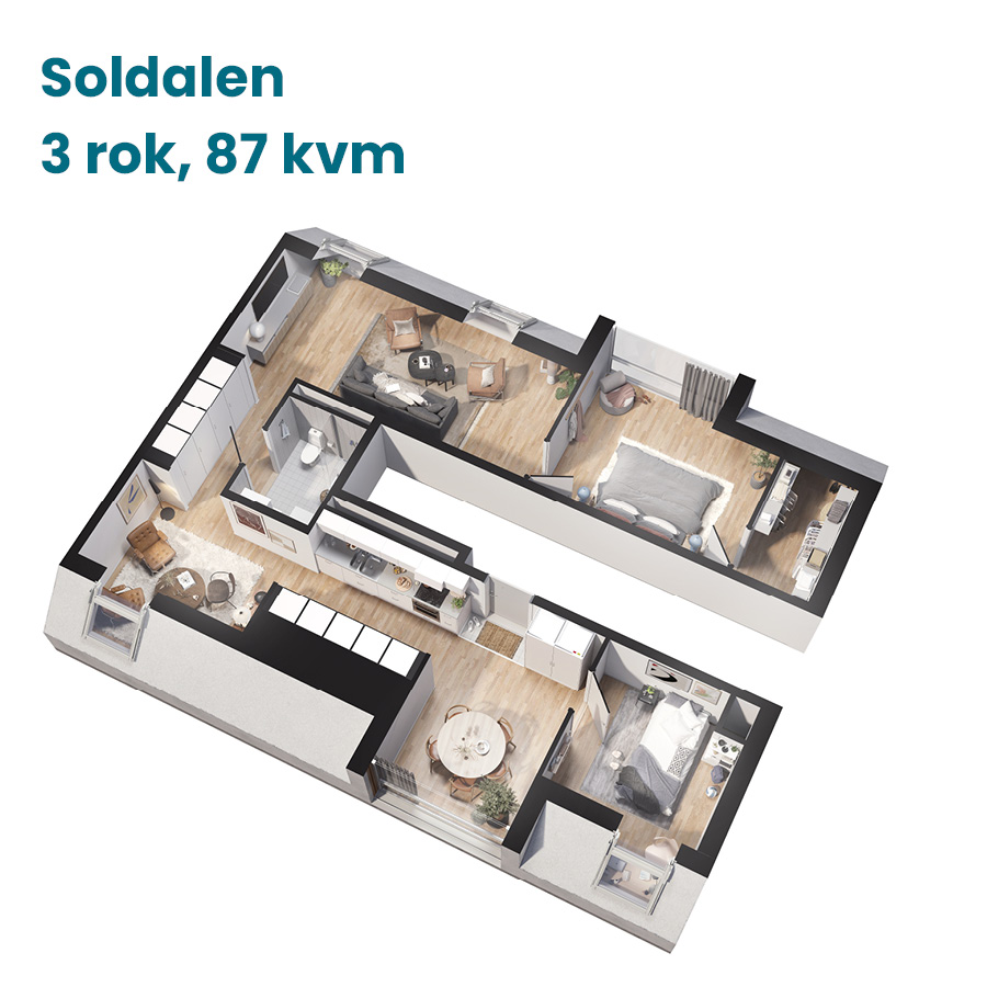 Planlösning för en nybyggd och modern lägenhet som är tillgänglig för uthyrning i Kållered Centrum Mölndal