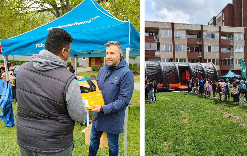 Sorteringspåse delades ut på årliga områdesdagen hos Victoriahem. Barn i kö till uppblåsbar hinderbana på Årbydagen i Eskilstuna. 
